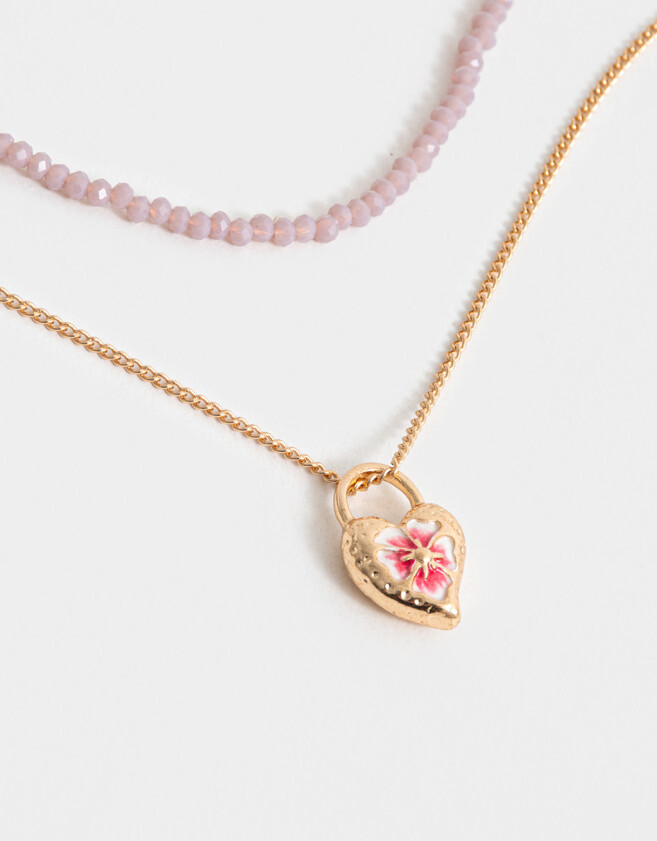 Collares Cortos Con flores Collar Corto Beads Y Dije Corazón - Dorado