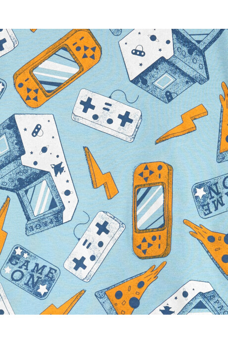 Pijama cuatro piezas de algodón, dos remeras y dos pantalones, diseño videojuegos Sin color