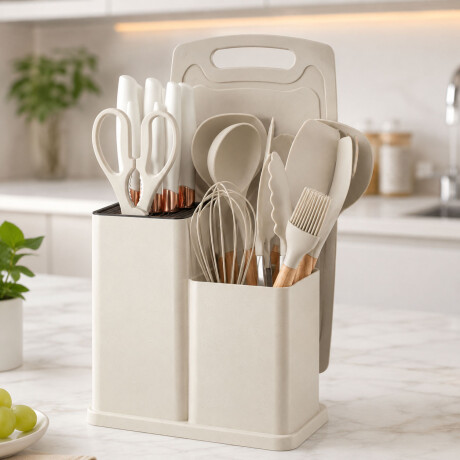 Set Cocina Menage 19Pz Utensillos Cuchillos Tabla c/Soporte Beige