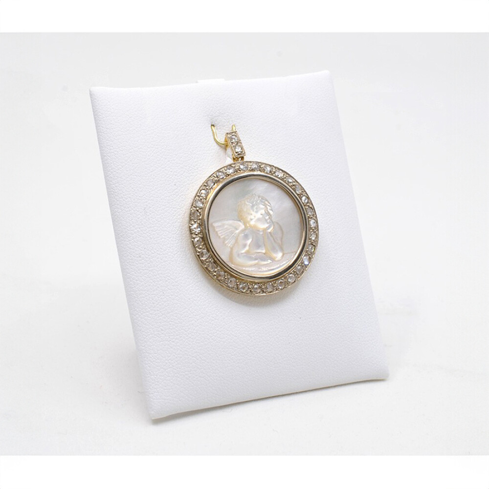 Medalla Estilo Antiguo Oro 18K, Nácar Y Diamantes Imagen Angel. Medalla Estilo Antiguo Oro 18K, Nácar Y Diamantes Imagen Angel.
