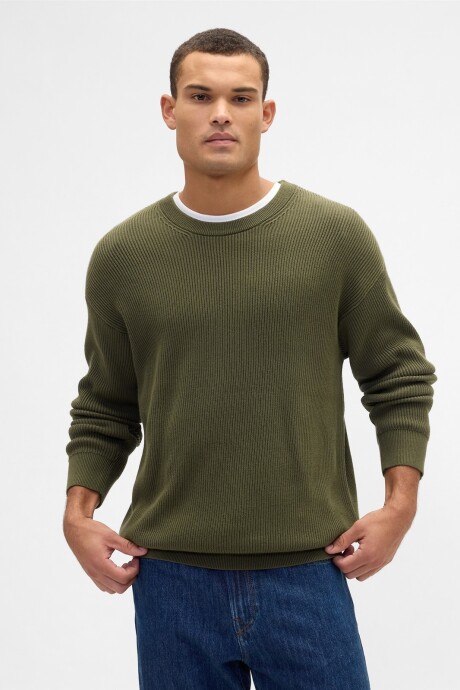 V-PLAITED RIB CREW Army Jacket Green