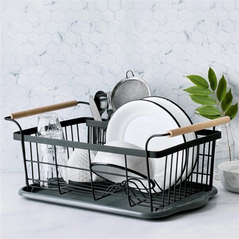 Escurridor de Platos Selecta Metal Negro con Asas de Madera 47x30x16 cm ESCURRIDOR METAL C/ASAS MADERA NEGRO 47 X 30 X 16 CM