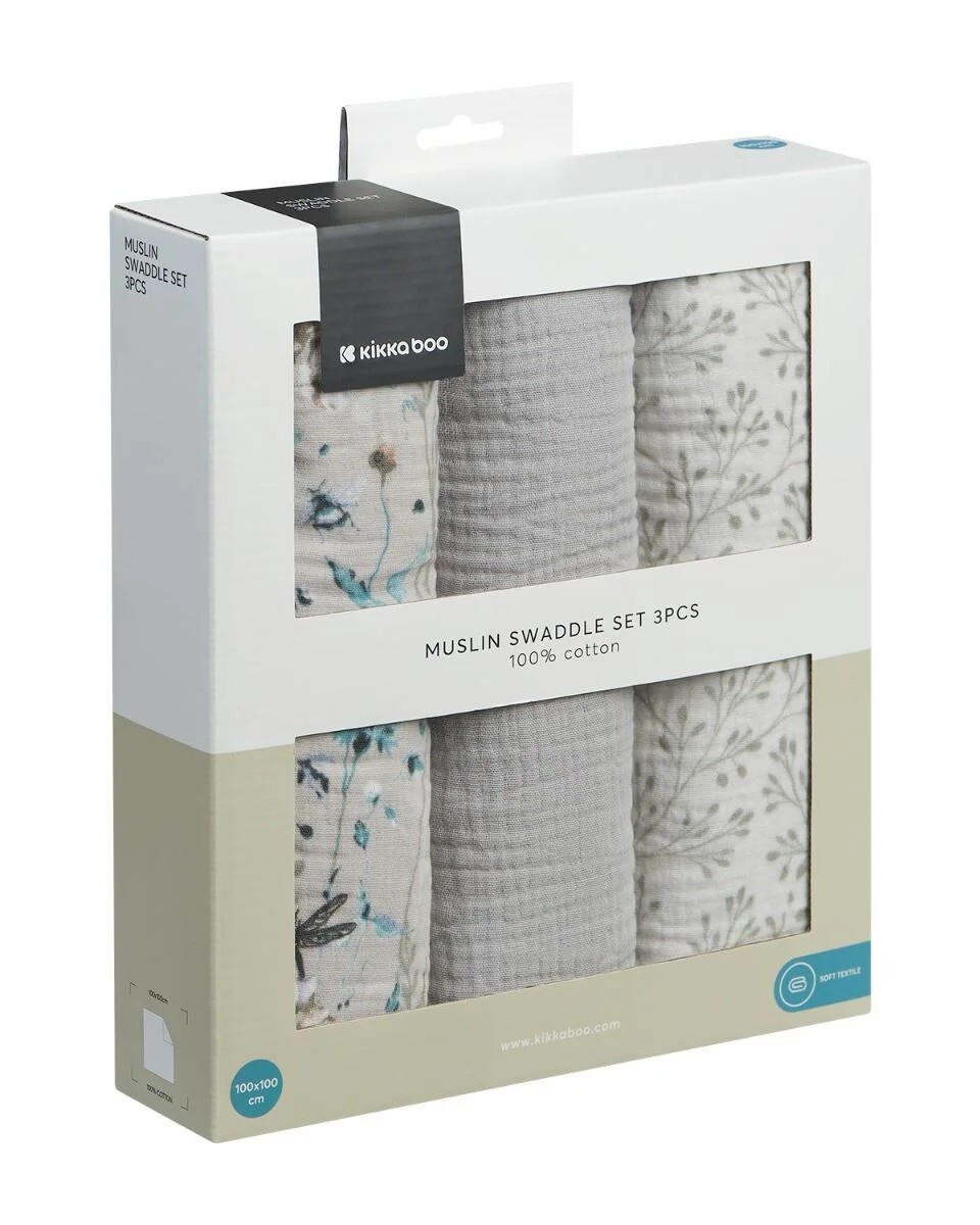 Set x3 muselinas 75x75 swaddle KIKKABOO - fields grey 