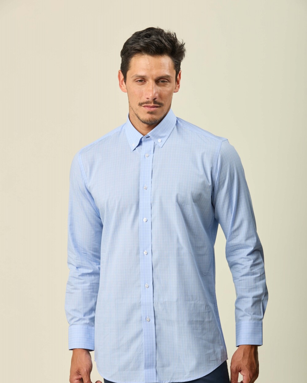 Camisa Sport Algodón Manga Larga Celeste Cuadro Blanco