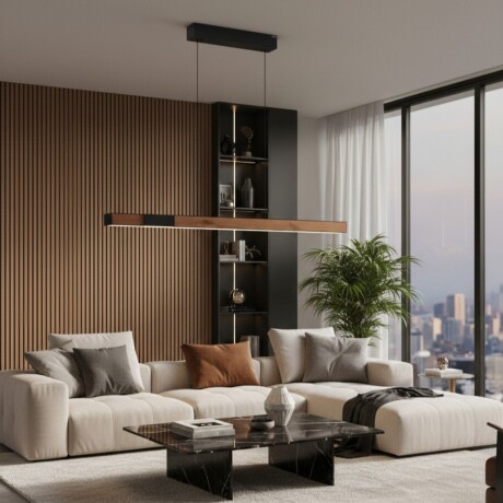 Colgante led lineal motorizado con varias funciones, negro y simil madera Colgante led lineal motorizado con varias funciones, negro y simil madera