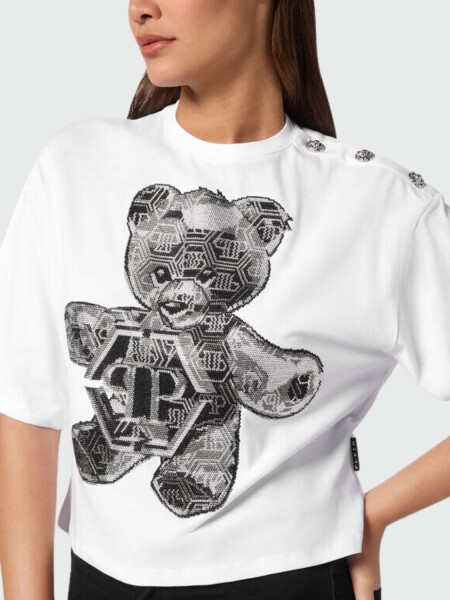 PHILIPP PLEIN - Camiseta corta con strass Oso Teddy Blanco