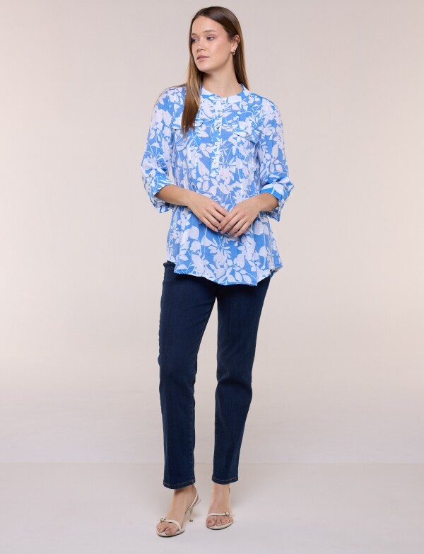 Blusa Liviana Cuello Mao Manga Roll-up BLANCO/AZUL