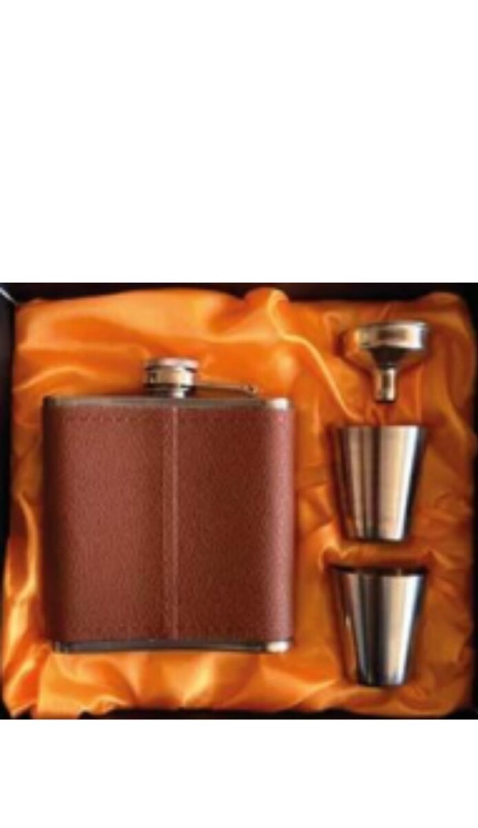 PETACA DE ACERO INOXIDABLE FORRADA, CON VASOS Y EMBUDO (EN CAJA) 