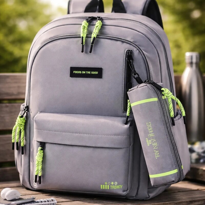 Mochila Trendy Focus On The Good con cartuchera Gris