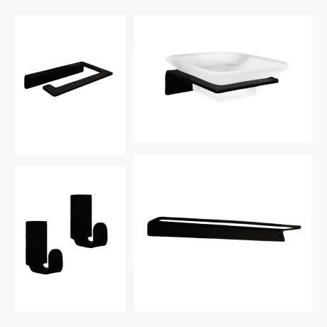SET DE ACCESORIOS NEGRO MATE AQUALIA. INCLUYE 2 PERCHAS, JABONERA, PORTAROLLO Y TOALLERO RECTO. GAMAS DE NEGRO