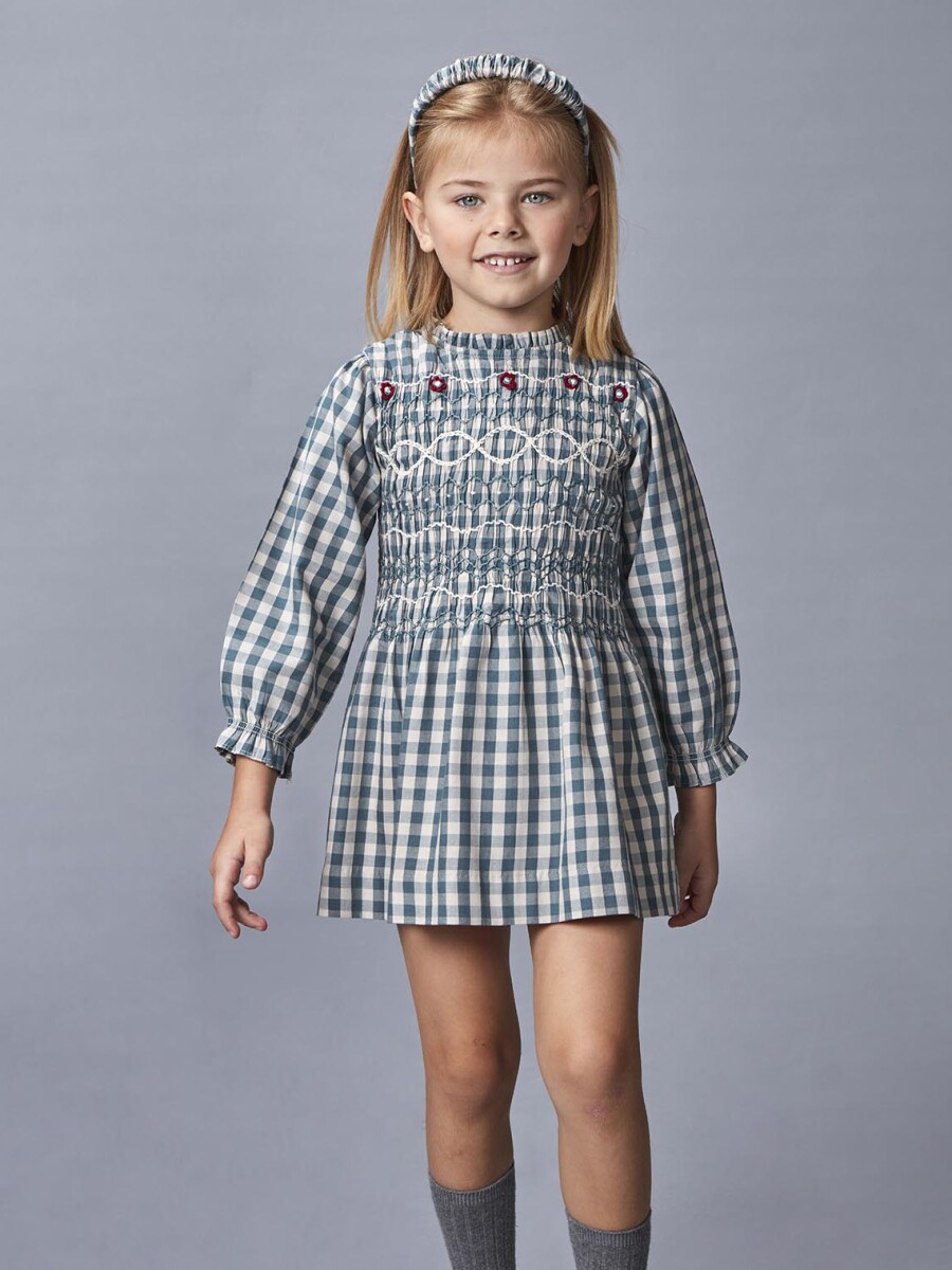 Vestido Cuadros Con Bordada Petroleo