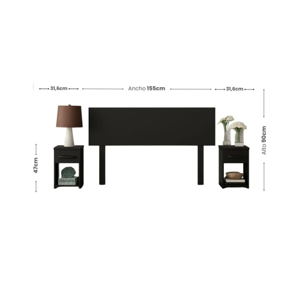 COMBO DORMITORIO – ROPERO 4 PUERTAS + RESPALDO + 2 MESAS DE LUZ NEGRO