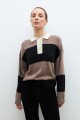 Sweater rayado cuello polo beige melange