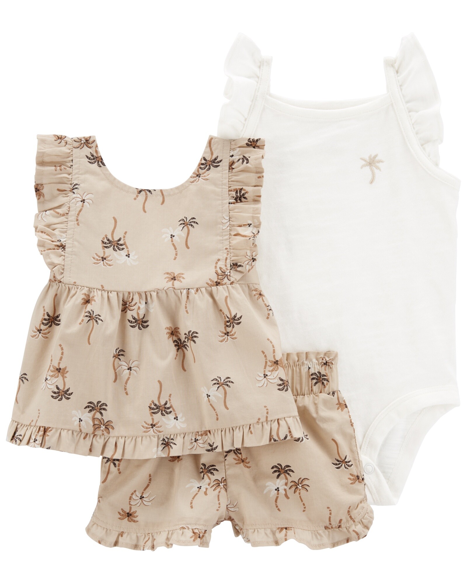 Set tres piezas, short y musculosa de popelina más body de algodón, diseño palmeras Sin color