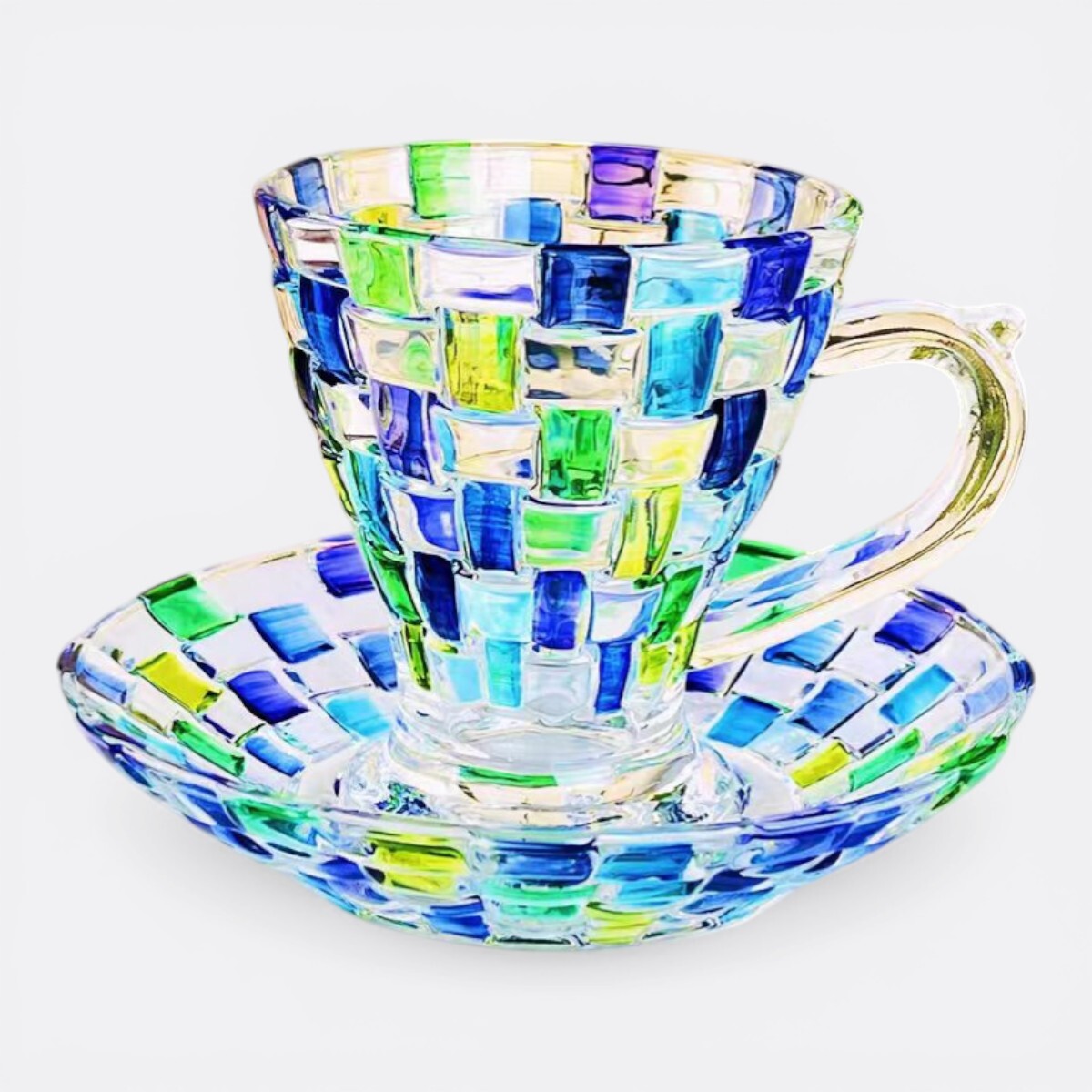 Set Taza Y Plato Tipo Vitral Colorido - Modelo 2 