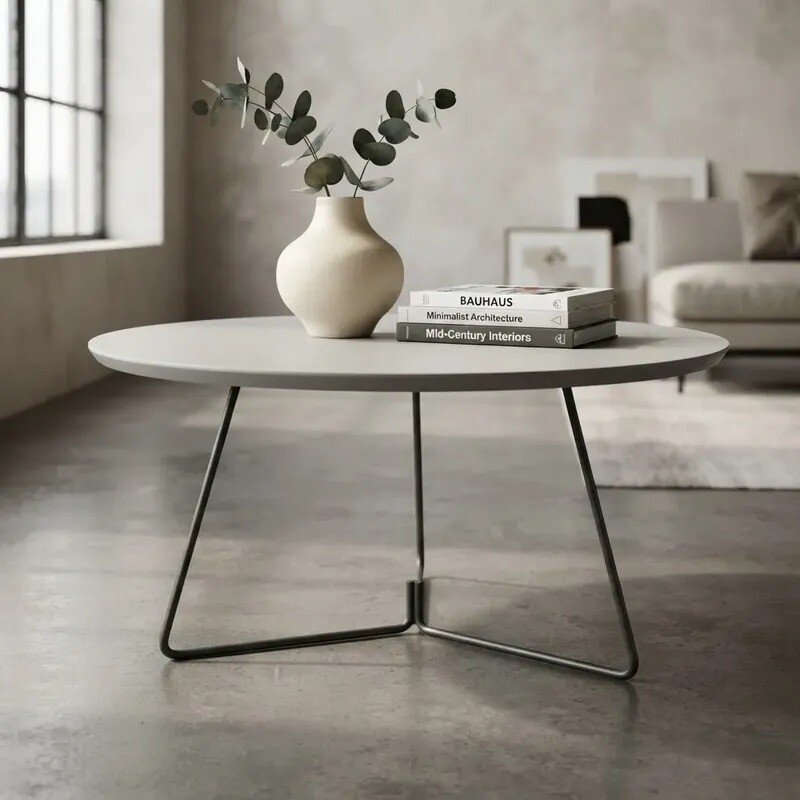 MESA DE CENTRO REDONDA - MADERA BLANCA Y PIE EN METAL GRAFITO - 70cms MESA DE CENTRO REDONDA - MADERA BLANCA Y PIE EN METAL GRAFITO - 70cms