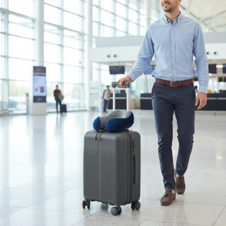 Set Valija Carry On Rígida + Almohadón Cervical Memoria Azul Gris Oscuro