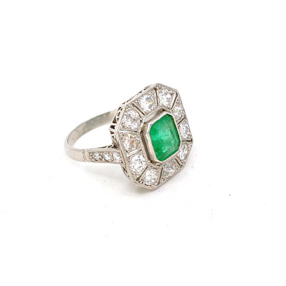 Anillo Platino Con Brillantes Tallado Antiguo Y Esmeralda Anillo Platino Con Brillantes Tallado Antiguo Y Esmeralda