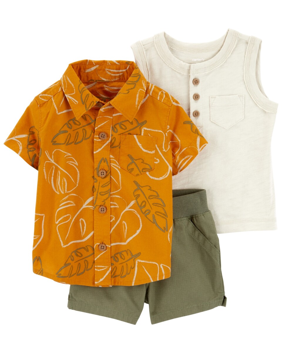 Set tres piezas de algodón, short, camisa y musculosa 