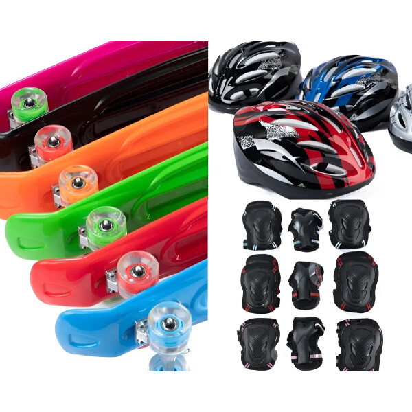 Set de patineta penny con ruedas con luz de 68cm + Set de protección + casco desde 8 años Set de patineta penny con ruedas con luz de 68cm + Set de protección + casco desde 8 años