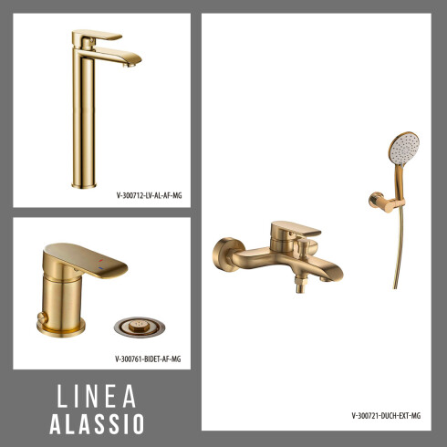 JUEGO DE GRIFERIA COMPLETO. INCLUYE DUCHA EXTERNA CON TELEFONO, LAVATORIO ALTO Y BIDET ORO SEMI MATE AQUALIA 000
