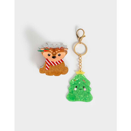 Set De Llavero Y Broche Navidad Combinacion Bicolor
