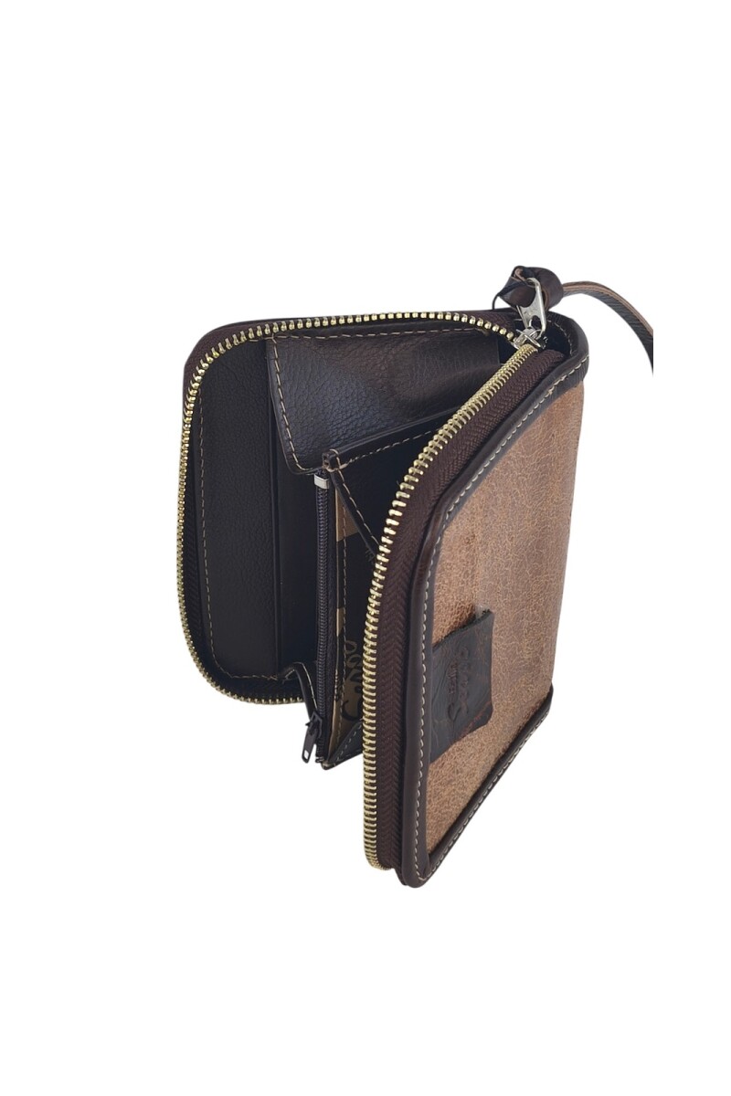 Monedero de Cuero Genuino con Cierre de Cremallera Segura y Organizador Interior Marron