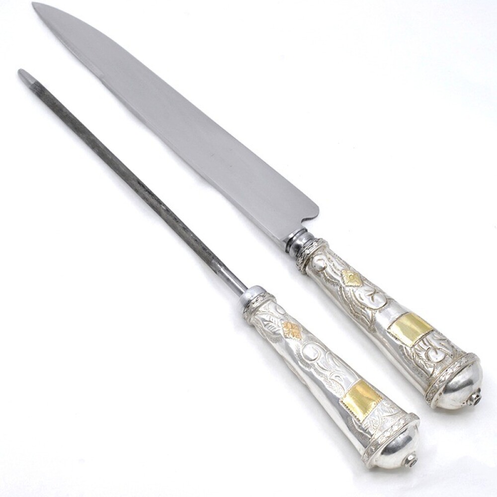 Cuchillo Hoja De 20 Cm Y Chaira, Cabo Plata Y Oro, Vaina De Cuero Cuchillo Hoja De 20 Cm Y Chaira, Cabo Plata Y Oro, Vaina De Cuero