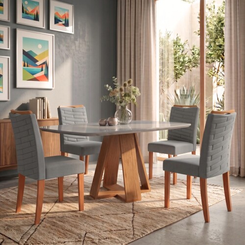 Juego De Comedor - 4 Sillas + Mesa Tapa De Vidrio - Celeste Gris / Gris