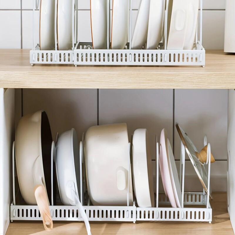Organizador extensible de cocina para ollas y tapas blanco