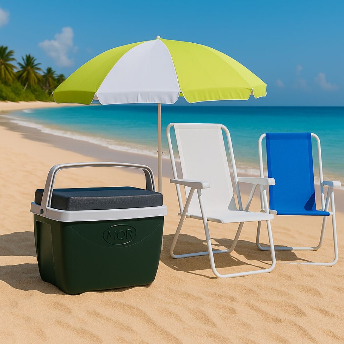 PACK 2 SILLAS REPOSERAS + 1 CONSERVADORA + SOMBRILLA MOR 