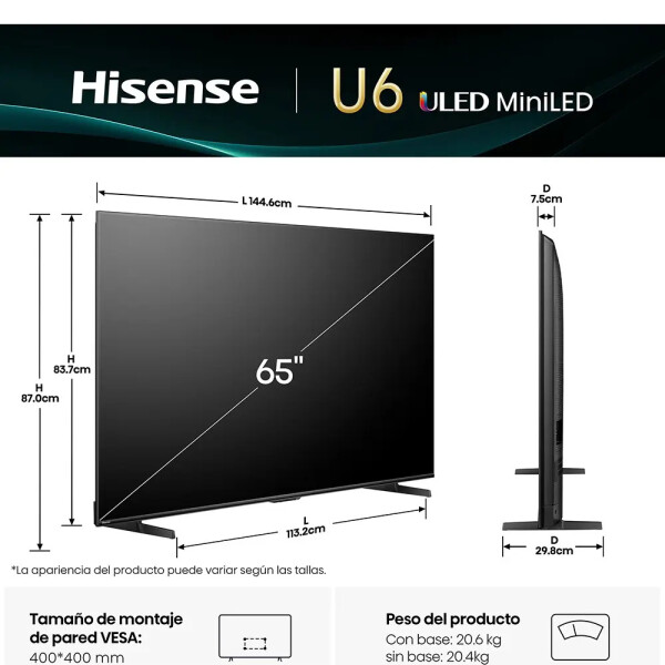 Smart Tv 65" Hisense Uled Miniled 4k Qled 65u6qv TV 65 HISENSE MINILED 65U6QV
