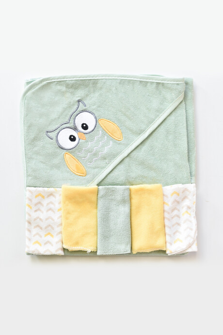 Pack x6 - Set de toalla con toallitas Verde con buhos