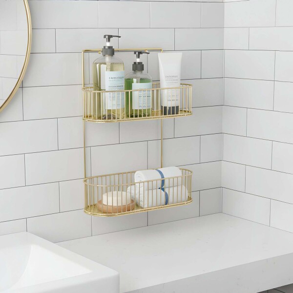Organizador de Baño Metálico P/ Colgar con 2 Niveles Estante Color Dorado