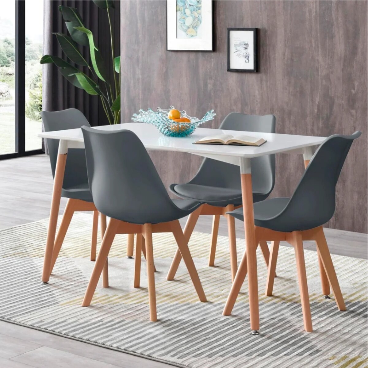 Juego de Comedor de 4 Sillas Eames Tulip con Asiento Acolchado y Mesa Rectangular Patas de Madera - Gris 