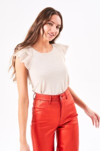 Top Metalizado Manga Volados Beige Melange
