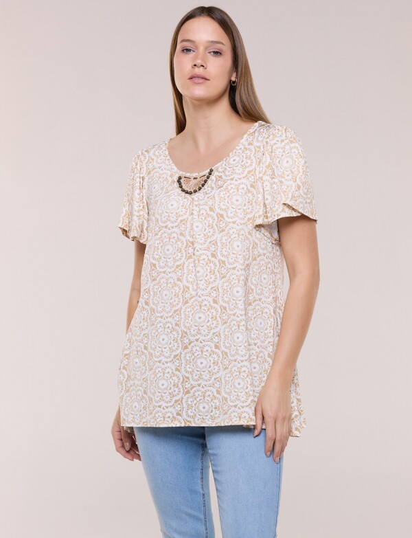 Blusa Mandalas Con Aplique étnico Y Mangas Volado BEIGE/MULTI