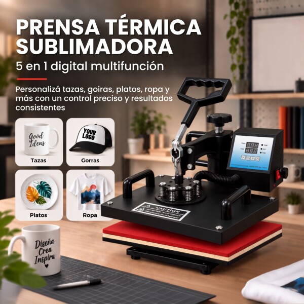 Prensa Térmica Sublimadora 5 En 1 Remeras Tazas Gorros Jarra Color Negro Rojo