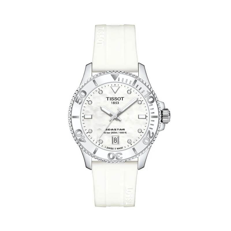 Reloj Tissot Seastar T1202101105100 para dama con correa de acero Blanco