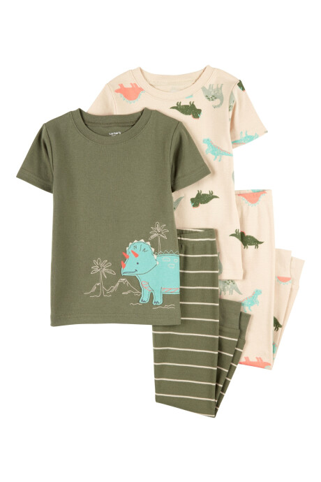 Pijama cuatro piezas de algodón, dos pantalones y dos remeras, tonos verde y crema, diseño dinos Pijama cuatro piezas de algodón, dos pantalones y dos remeras, tonos verde y crema, diseño dinos