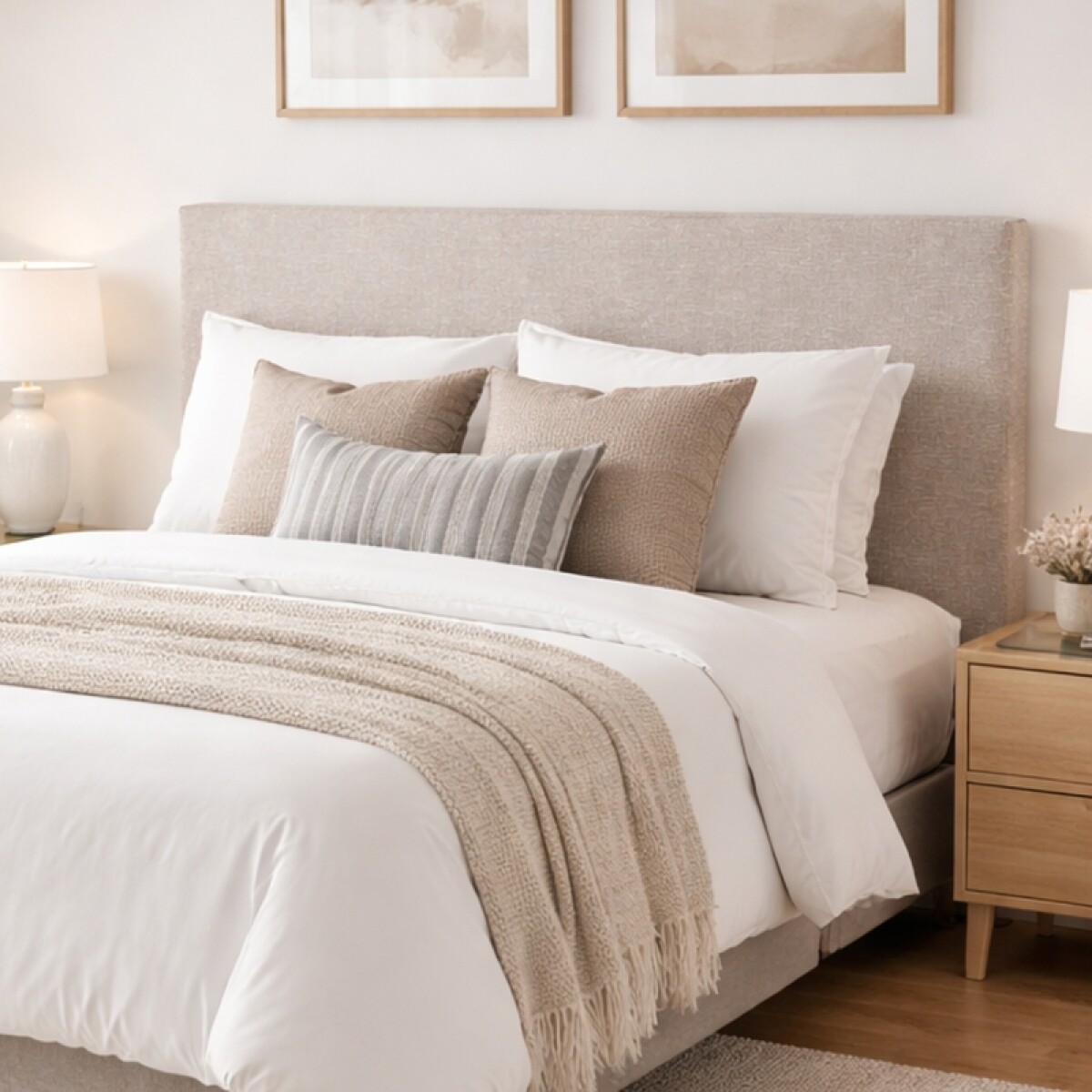 Respaldo de Cama para Dormitorio Premium 2 Plazas / Queen en Tela Chenille Rústico Beige 