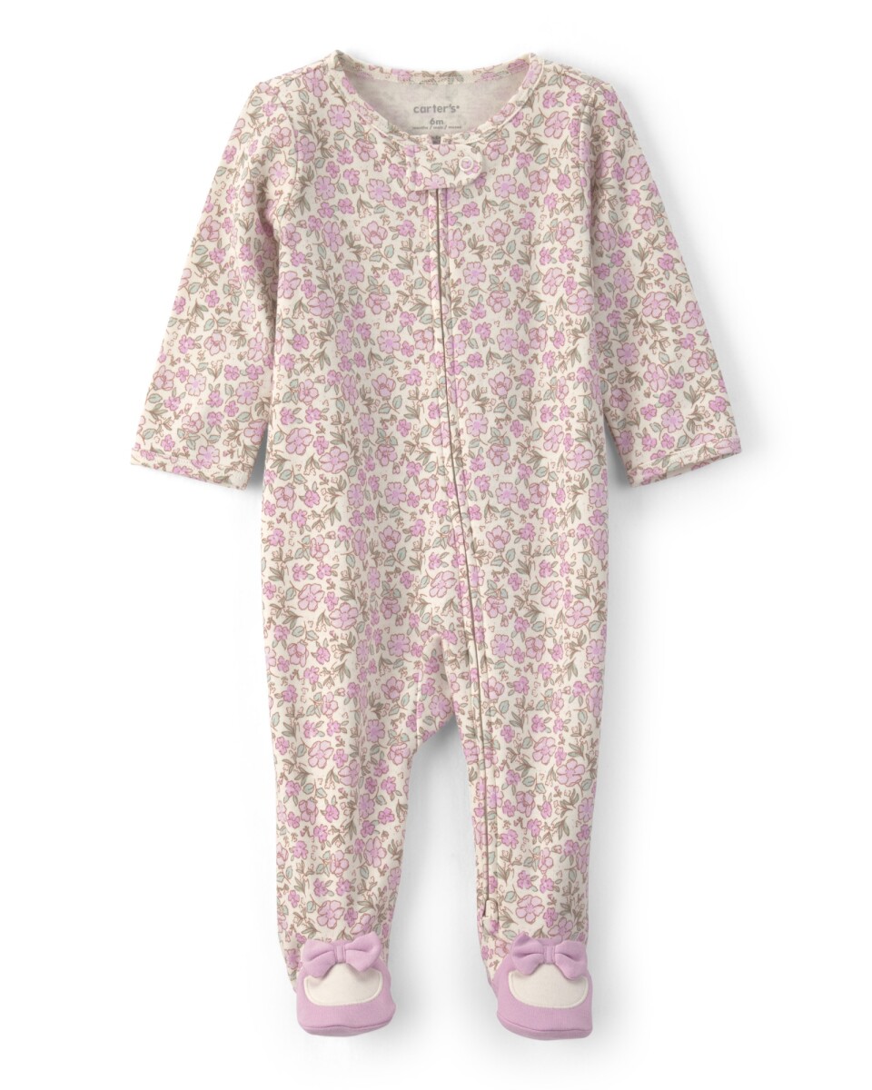 Pijama una pieza de algodón, con pie, lila y crema, diseño floral 
