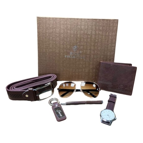 Pack Caballero Reloj Billetera Boligrafo Cinturón Llavero MARRON