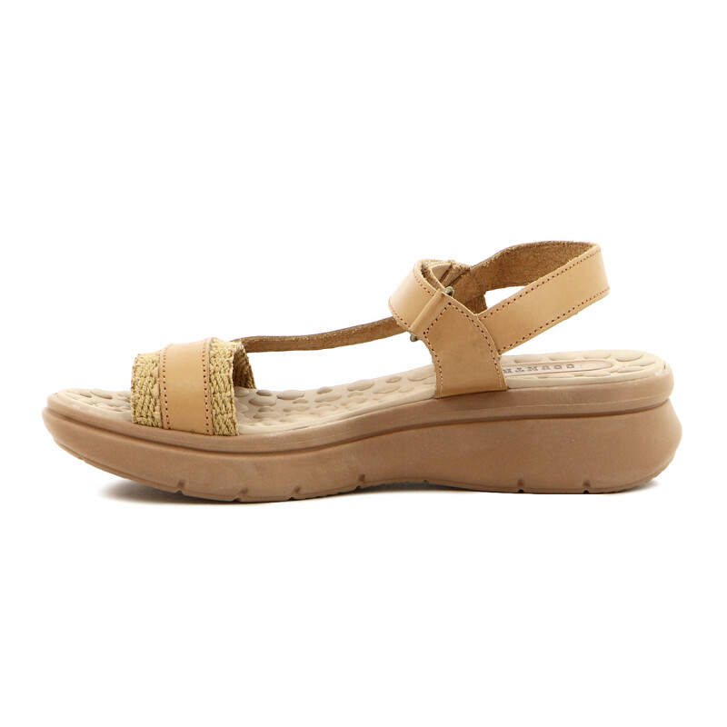 Country Sandalia Mujer Tira Ancha Con Pulsera Y Velcro Beige