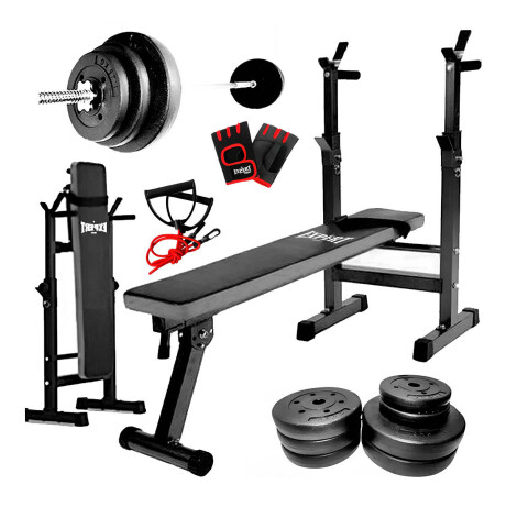 Banco Pecho Plegable + Barra 1.50m Maciza +20kg Pesas 4 Discos de 5 Kg