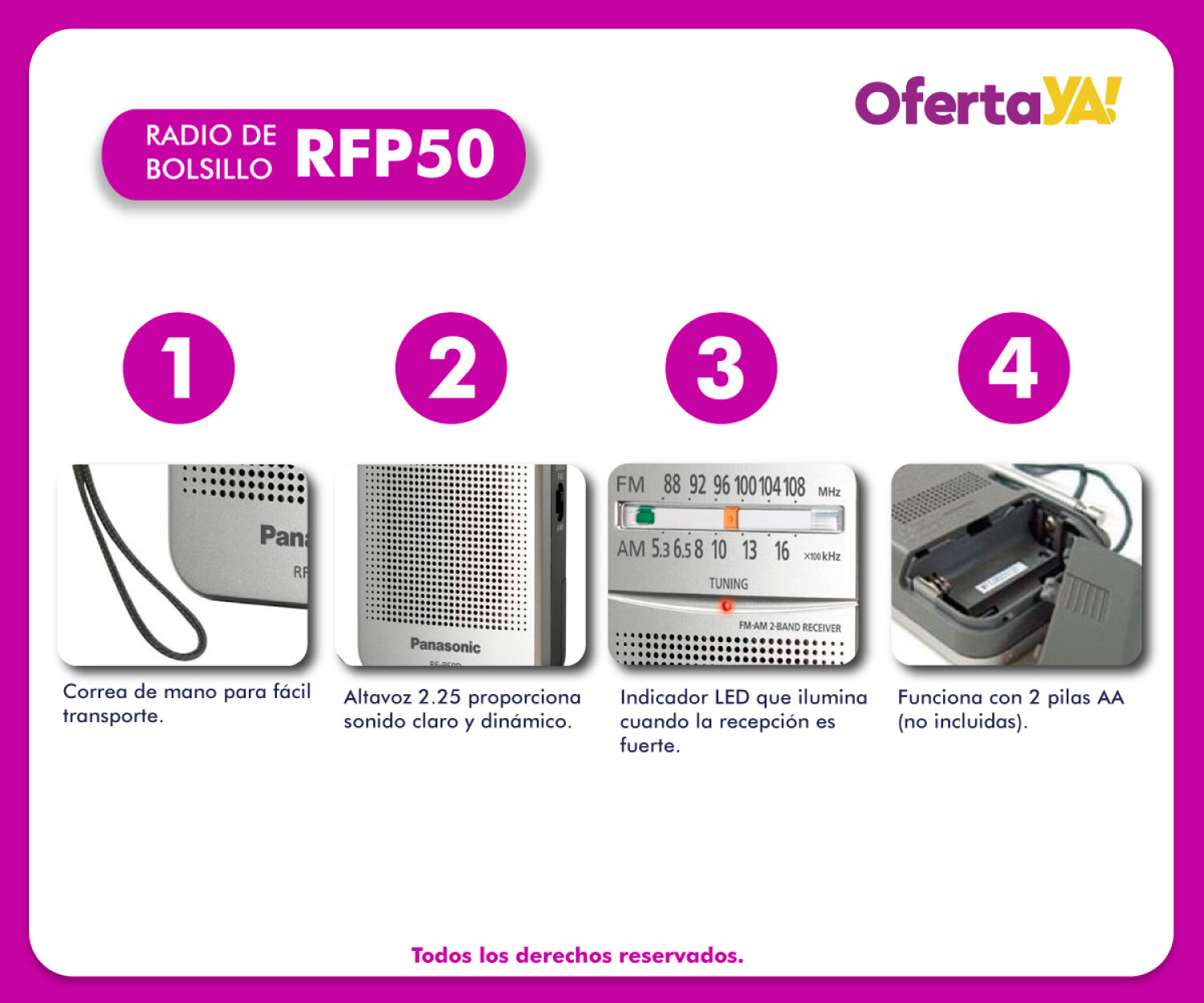 Radio Portátil Panasonic de Bolsillo AM FM 68 Horas de Autonomía RF-P50D  Plata — OfertaYa