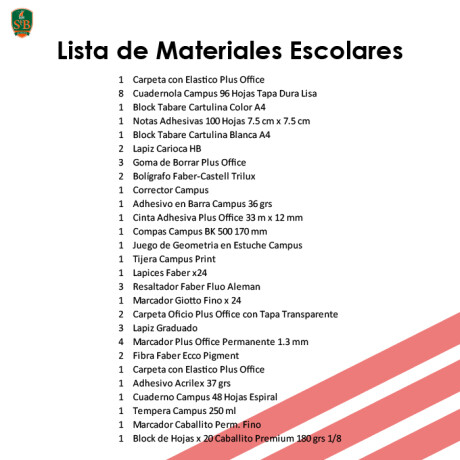 Lista de Materiales Escolares St Brendan's - 6º Escuela Niños Lista de Materiales Escolares St Brendan's - 6º Escuela Niños