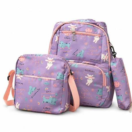Set Mochila 3 Piezas Diseño Animalitos Escolar Resistente Lila