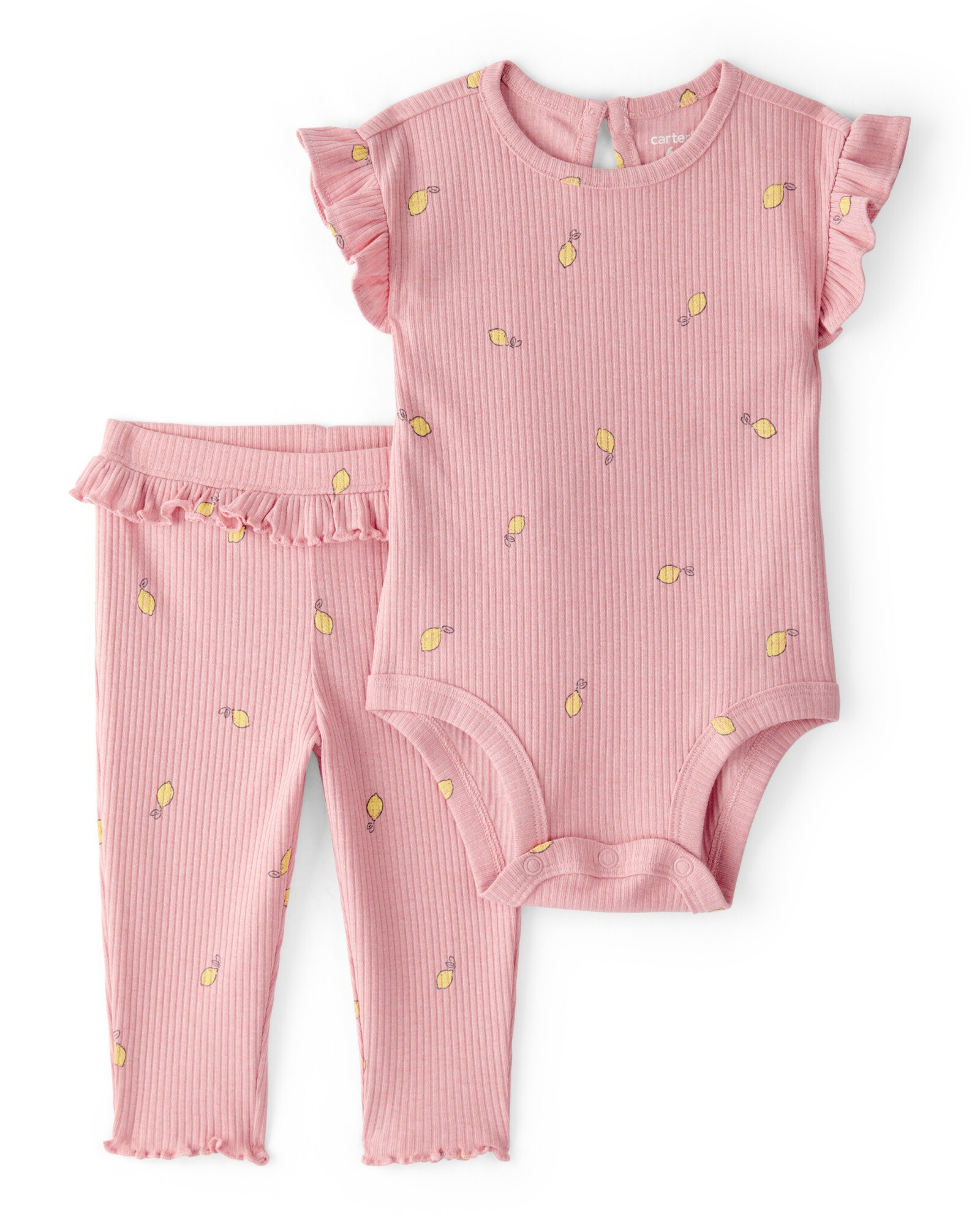 Set dos piezas de algodón acanalado, pantalón y body con volados, diseño limones Set dos piezas de algodón acanalado, pantalón y body con volados, diseño limones
