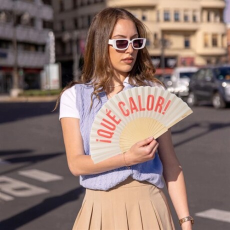 Abanico ""Que Calor"" beige y rojo Sc